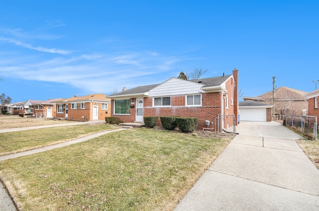 view of front of home with brick siding, a chimney, fence, an outdoor structure, and a front lawn