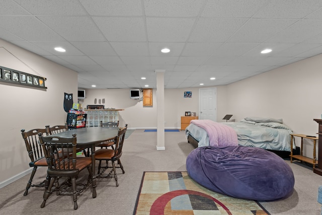 carpeted bedroom featuring recessed lighting and baseboards