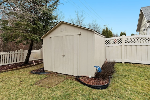 view of shed featuring a fenced backyard