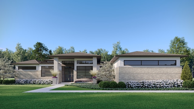 view of front of property with brick siding, stucco siding, and a front lawn