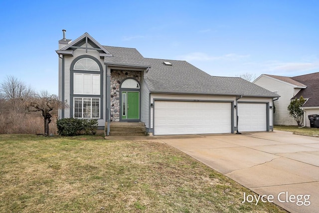 traditional-style house featuring driveway, stone siding, roof with shingles, an attached garage, and a front yard