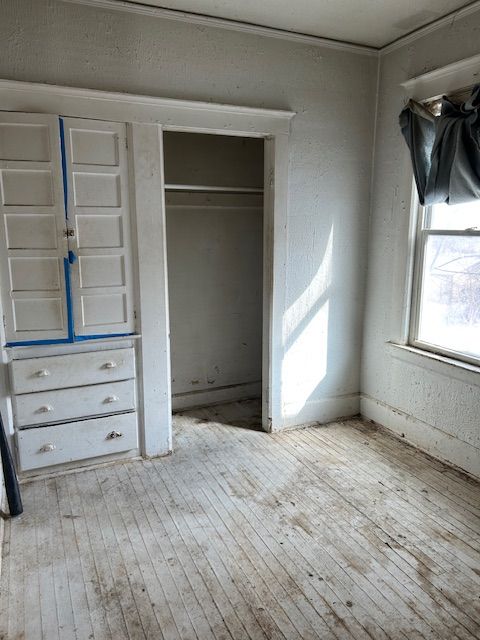 unfurnished bedroom featuring hardwood / wood-style flooring and a closet