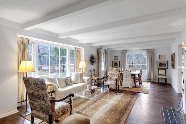 living room featuring baseboards, wood finished floors, and beamed ceiling