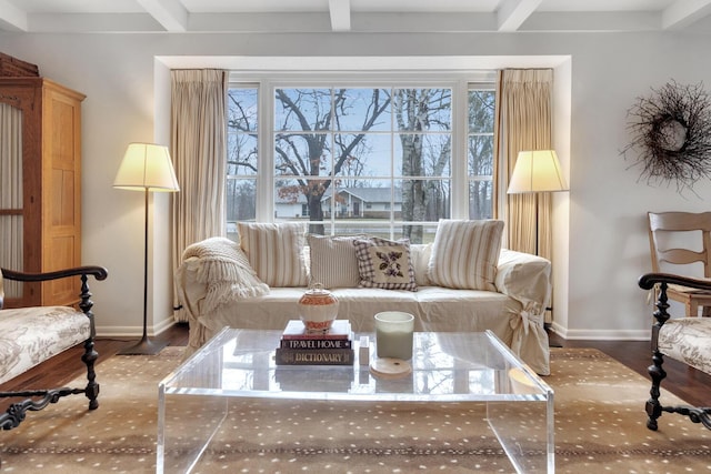 living area featuring beamed ceiling, wood finished floors, and baseboards