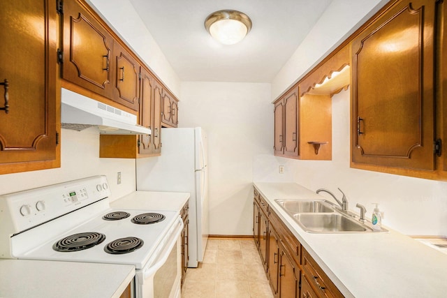 kitchen featuring white electric stove, under cabinet range hood, a sink, light countertops, and brown cabinetry