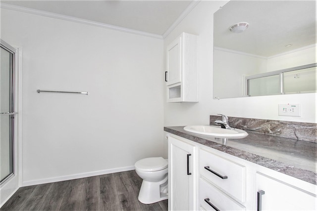 69205 Garver Lake Rd Unit 58, Edwardsburg, MI 49112 - full bath with vanity, a shower with shower door, wood finished floors, and crown molding