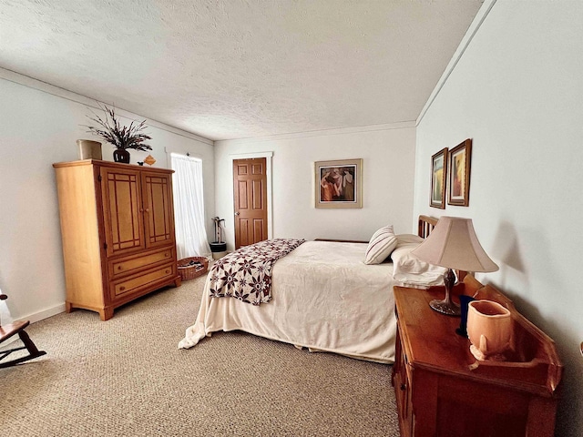 bedroom featuring crown molding, baseboards, a textured ceiling, and light colored carpet