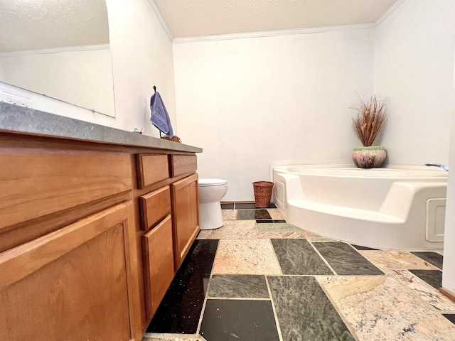 bathroom with ornamental molding, a garden tub, vanity, and stone tile floors