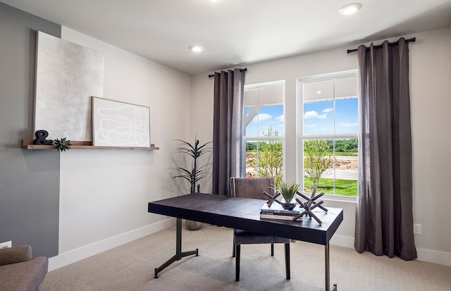 office featuring recessed lighting, baseboards, and light colored carpet