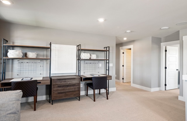 office area featuring recessed lighting, light colored carpet, and baseboards