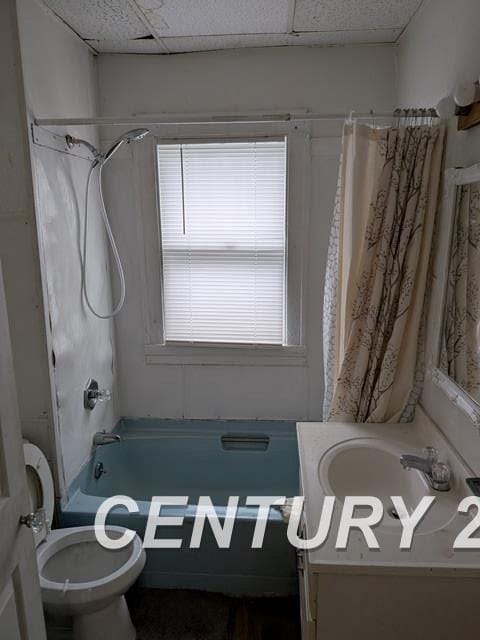 bathroom featuring toilet, shower / bath combo with shower curtain, vanity, and a paneled ceiling