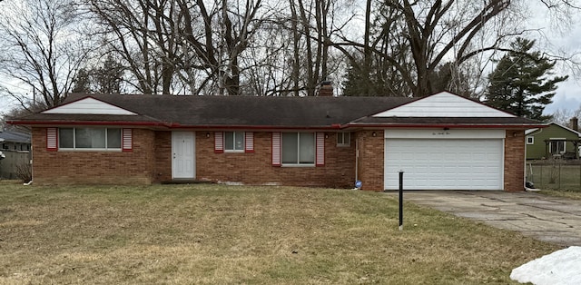 ranch-style house featuring a front yard, a garage, brick siding, and driveway