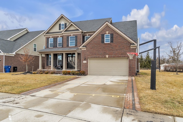 view of front facade with a garage, concrete driveway, brick siding, and a front yard