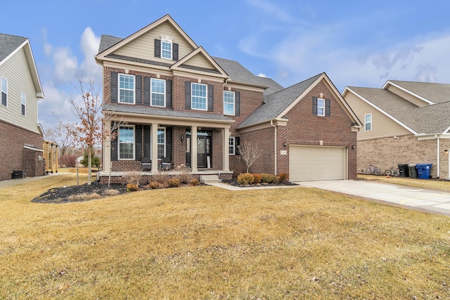 craftsman inspired home featuring covered porch, brick siding, a shingled roof, concrete driveway, and a front lawn