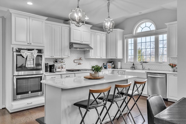 kitchen with under cabinet range hood, white cabinetry, stainless steel appliances, and light countertops