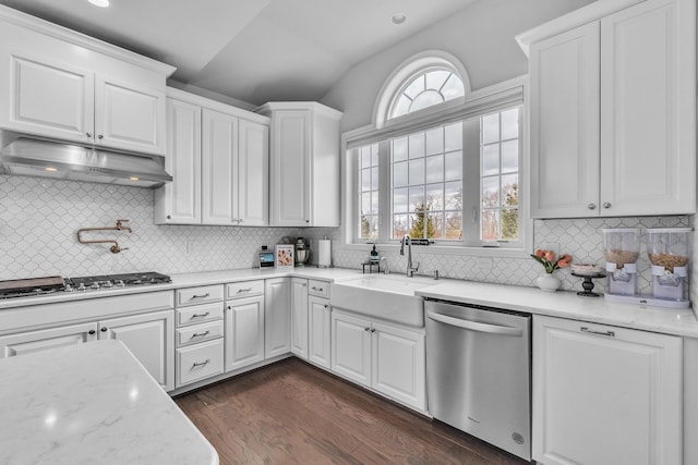 kitchen with under cabinet range hood, a sink, white cabinetry, vaulted ceiling, and appliances with stainless steel finishes