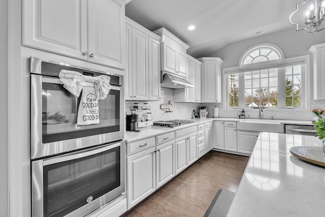 kitchen featuring under cabinet range hood, white cabinetry, stainless steel appliances, and a sink