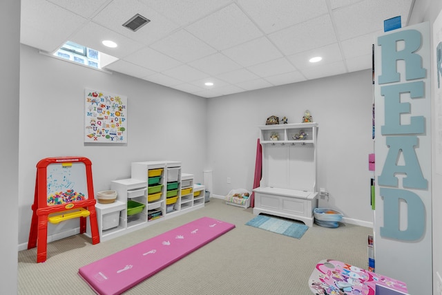 game room with recessed lighting, carpet flooring, visible vents, and baseboards