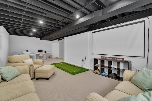 home theater featuring golf simulator and carpet