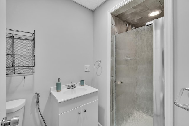 bathroom featuring toilet, a stall shower, and vanity