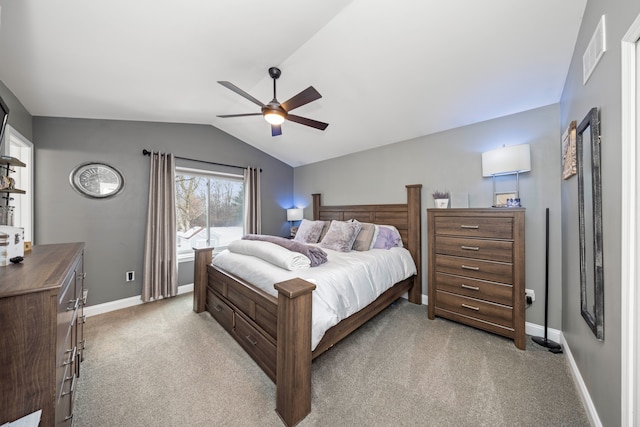 bedroom with lofted ceiling, visible vents, a ceiling fan, light carpet, and baseboards