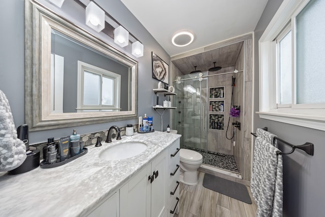 bathroom with a healthy amount of sunlight, toilet, a shower stall, and vanity