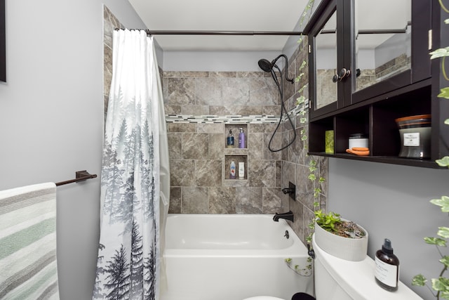 bathroom featuring shower / bath combination with curtain and toilet