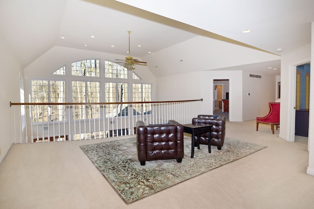 living area with visible vents, carpet, vaulted ceiling, recessed lighting, and a ceiling fan