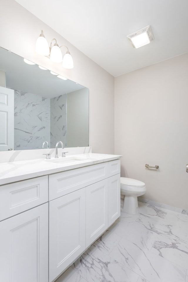 full bathroom featuring marble finish floor, visible vents, vanity, and toilet