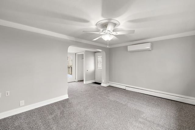 carpeted empty room featuring arched walkways, a baseboard radiator, ceiling fan, a wall mounted air conditioner, and baseboards