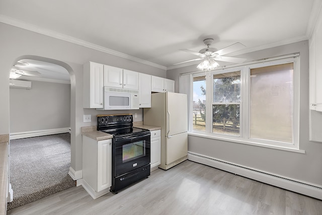 kitchen featuring a baseboard heating unit, white appliances, and a ceiling fan