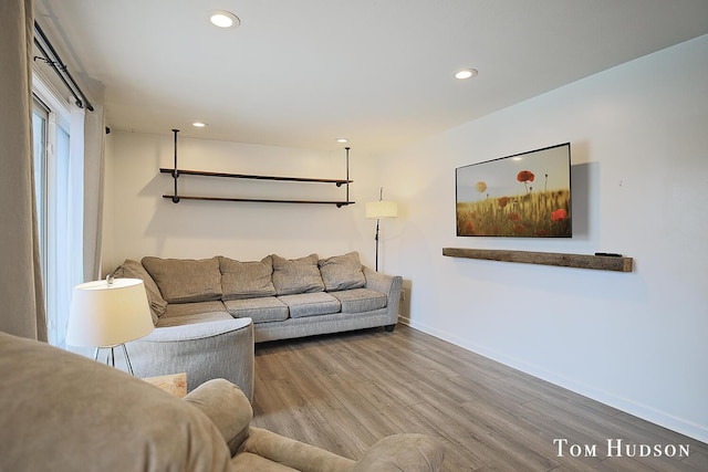 living room with baseboards, wood finished floors, and recessed lighting