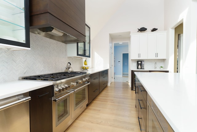 kitchen featuring glass insert cabinets, premium range hood, light countertops, white cabinets, and stainless steel appliances