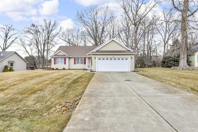 ranch-style house with driveway, an attached garage, and a front yard