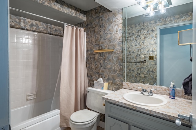 full bath with toilet, wallpapered walls, vanity, and shower / bathtub combination with curtain