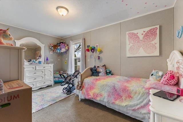 carpeted bedroom featuring crown molding