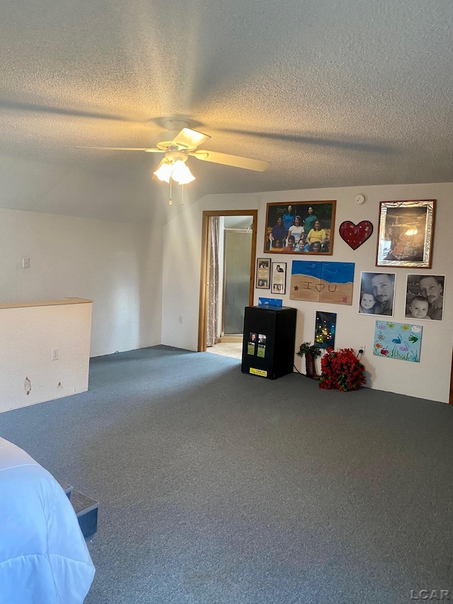 interior space featuring a ceiling fan, carpet, and a textured ceiling