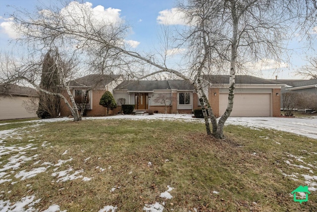 ranch-style house with brick siding, a lawn, driveway, and an attached garage