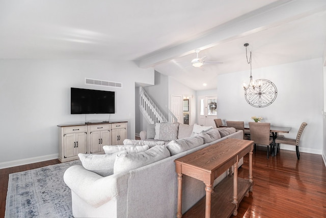 living room with vaulted ceiling with beams, visible vents, dark wood-type flooring, baseboards, and ceiling fan with notable chandelier