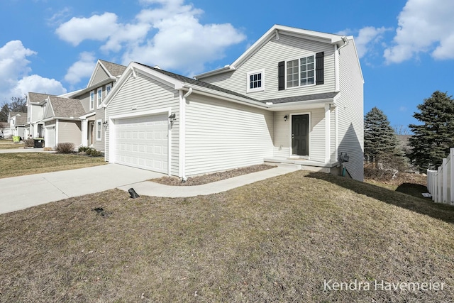 traditional-style house featuring concrete driveway, a front lawn, and an attached garage