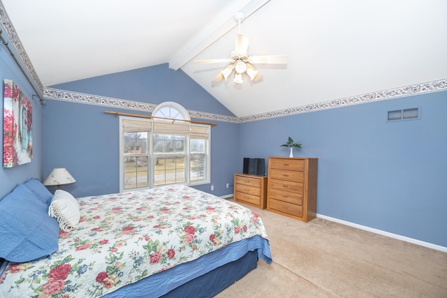 bedroom with baseboards, visible vents, lofted ceiling with beams, and carpet flooring