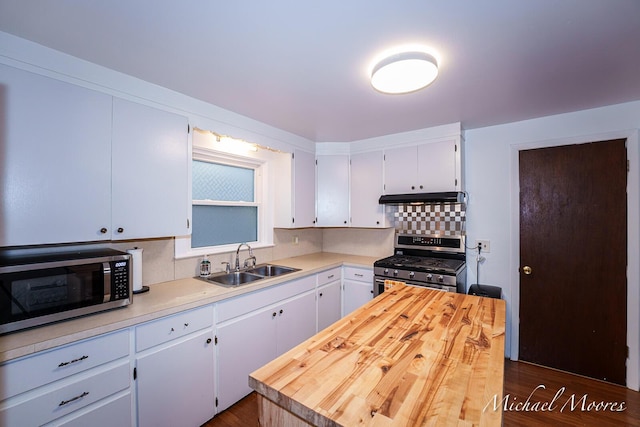 kitchen with white cabinets, backsplash, stainless steel appliances, and a sink