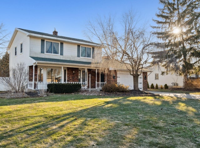 traditional-style house with brick siding, a chimney, covered porch, an attached garage, and a front yard