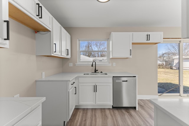 kitchen with a sink, dishwasher, white cabinets, and light countertops