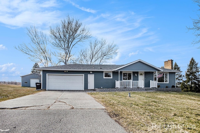 ranch-style home with a chimney, a porch, concrete driveway, a front yard, and a garage