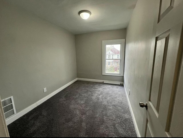 unfurnished room with dark colored carpet, visible vents, and baseboards