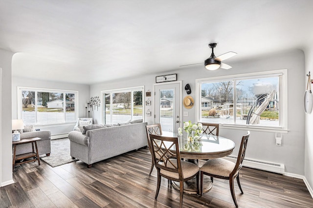 dining space featuring dark wood-style floors, baseboard heating, and baseboards