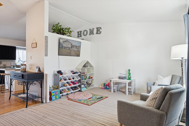 game room featuring lofted ceiling and wood finished floors