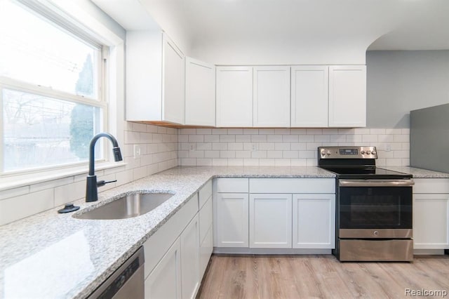 kitchen featuring light wood-style flooring, a sink, white cabinets, appliances with stainless steel finishes, and backsplash