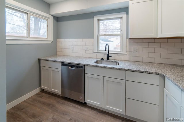 kitchen with a sink, backsplash, dark wood finished floors, baseboards, and dishwasher